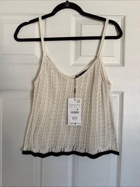 NWT Zara Cream Crochet Camisole with Black Hem